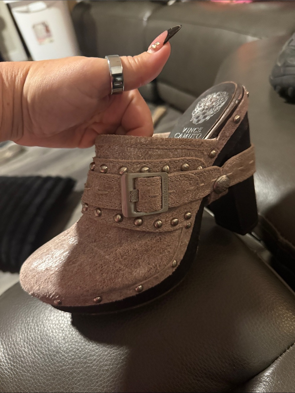 Vince Camuto Taupe Suede Studded Buckle Mule